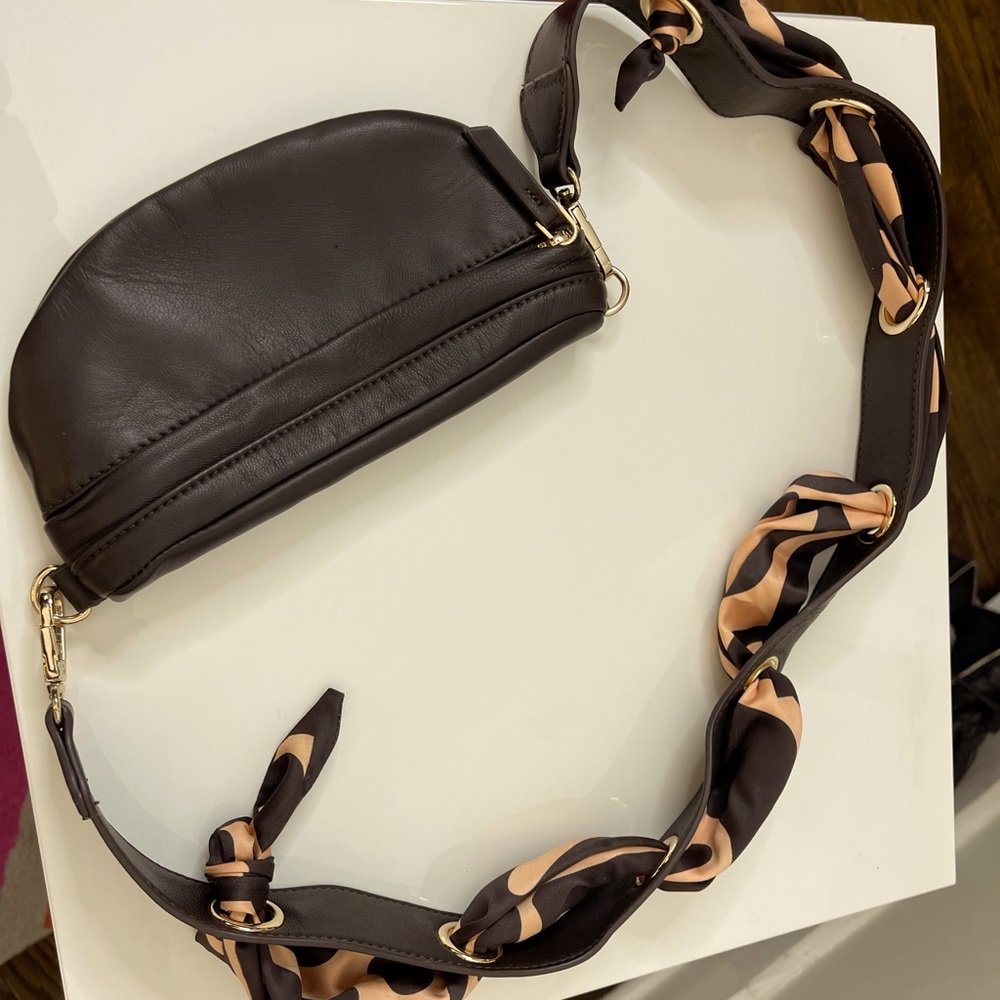 Zara Chocolate Brown Leather + Silk cross body bag. Never worn.